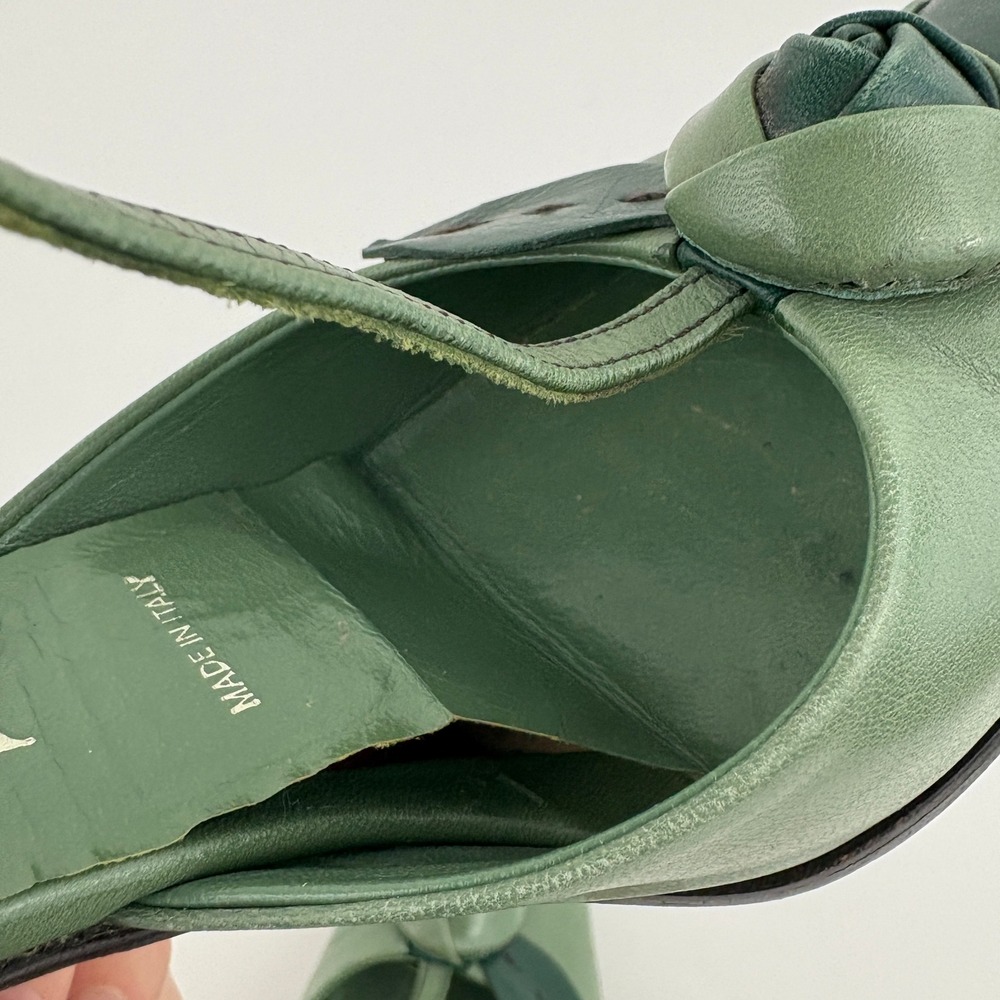 Vintage Prada Green Leather Rose T Strap Heels Size 36 Floral Knot Square Toe - Picture 12 of 14
